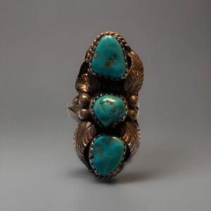 Vintage Monroe Ashley Navajo Sterling Turquoise Triple Stone Ring Size 6.5